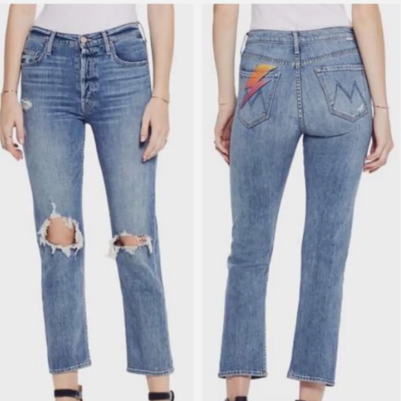Mother Jeans The Tomcat Ankle Helter Skelter lightening bolt distressed jeans 27 - Picture 1 of 15